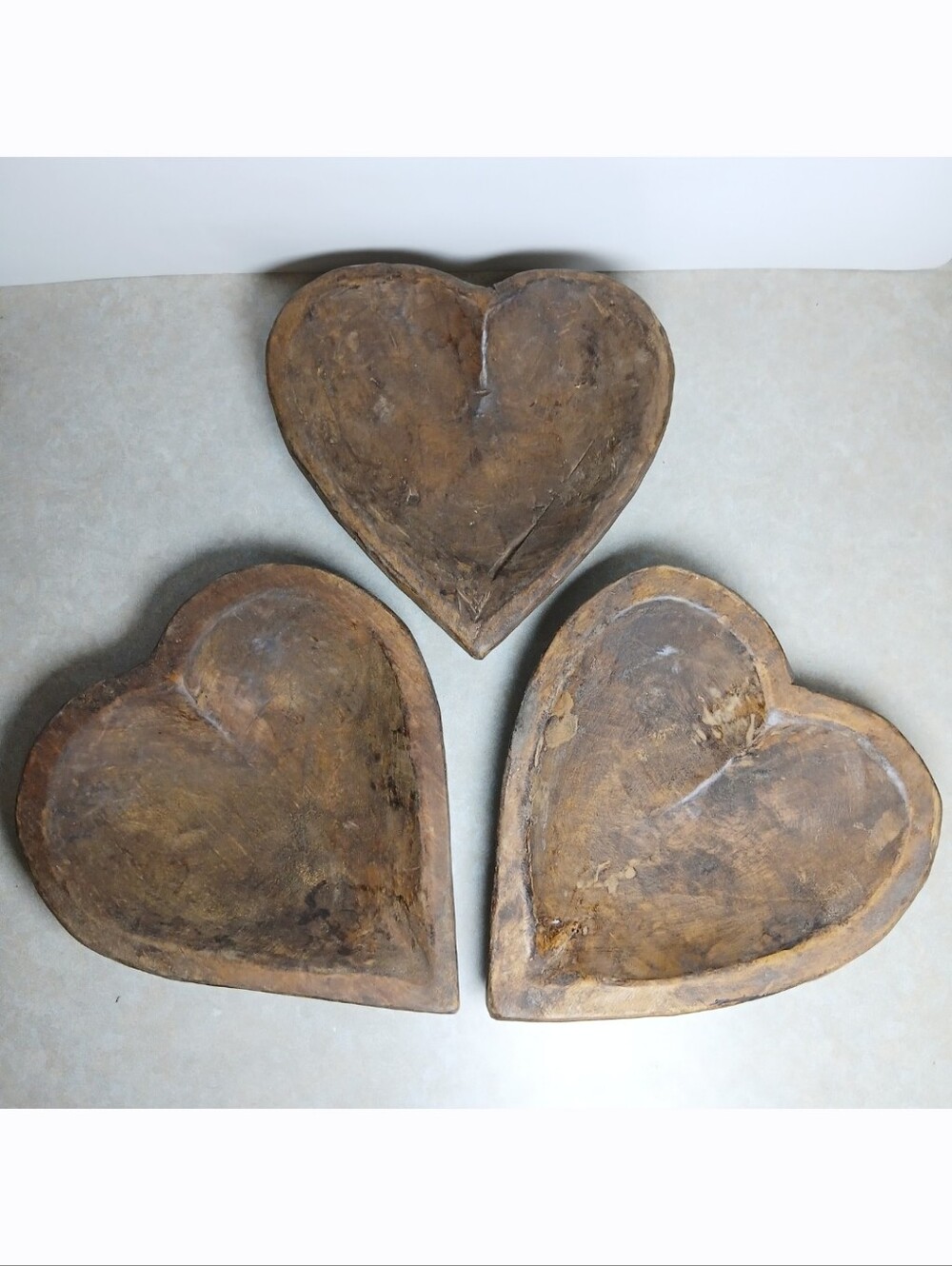 3 Vintage Primitive Heart Shaped Carved Wooden Wood Dough Bowl Farmhouse Rustic